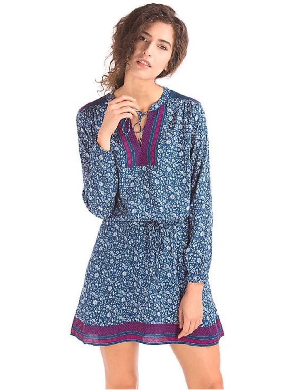 GAP Blue Floral Long-Sleeve Tie-Waist Dress with Magenta Trim S Petite